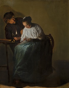 Painting shows a man offering money to a young woman, who studiously ignores him