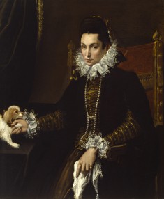 This portrait of Ginevra Aldrovandi shows her in elaborate mourning costume. The costly brocade, lace, and pearls indicate her high social status. 