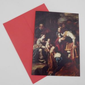 The front cover visual of a Christmas card reproducing Artemisia Gentileschi's Adoration of the Magi, with a holiday red envelope