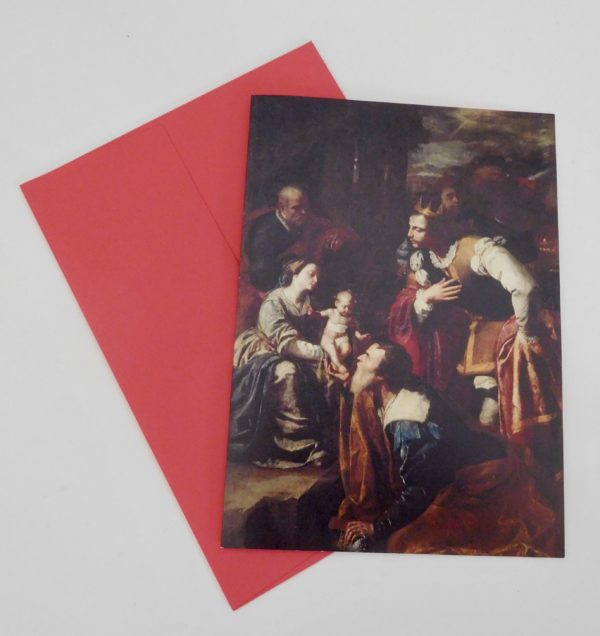 The front cover visual of a Christmas card reproducing Artemisia Gentileschi's Adoration of the Magi, with a holiday red envelope