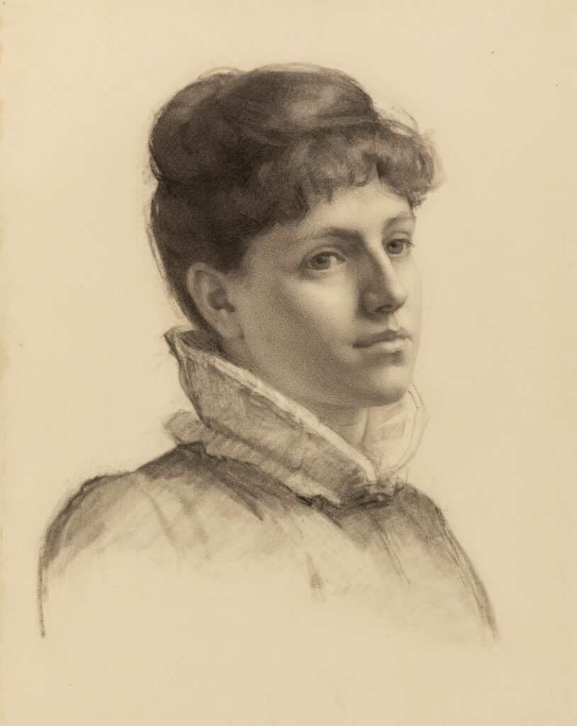 A charcoal drawing of the head and shoulders of a young dark-haired woman facing right, wearing a dress with a collar that is high in the back but curves down to a point in front.