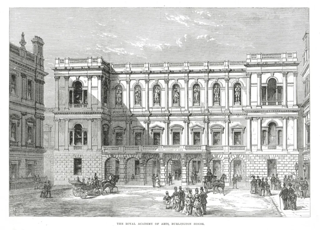 Engraving of Burlington House, a three-storey Neo-Palladian mansion.