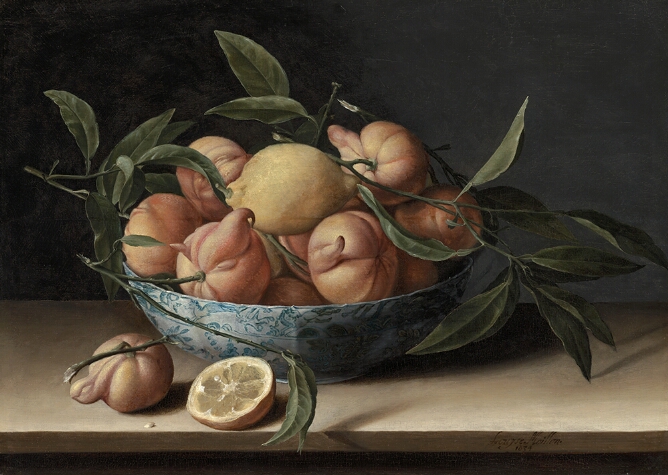 A painting of a blue and white porcelain bowl full of bitter oranges with their leaved branches still attached. On top of the pile is a single lemon. the blown sits on a wooden or stone ledge. In front of the bowl is a single bitter orange to the left, and just left of the center of the picture is a piece of fruit with the cut section facing up.