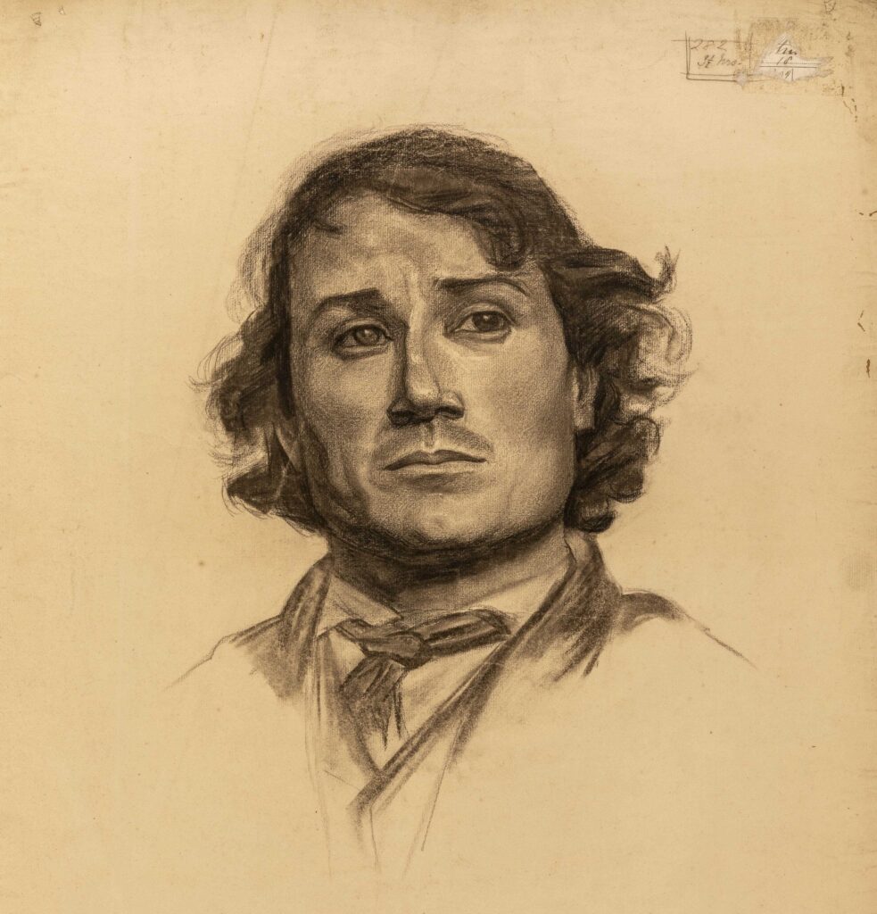 A drawing of the head and shoulders of a dark haired young man wearing a collar shirt, a tie, and perhaps a cloak. He face is turned very slightly to his left, and he gazes to the left.
