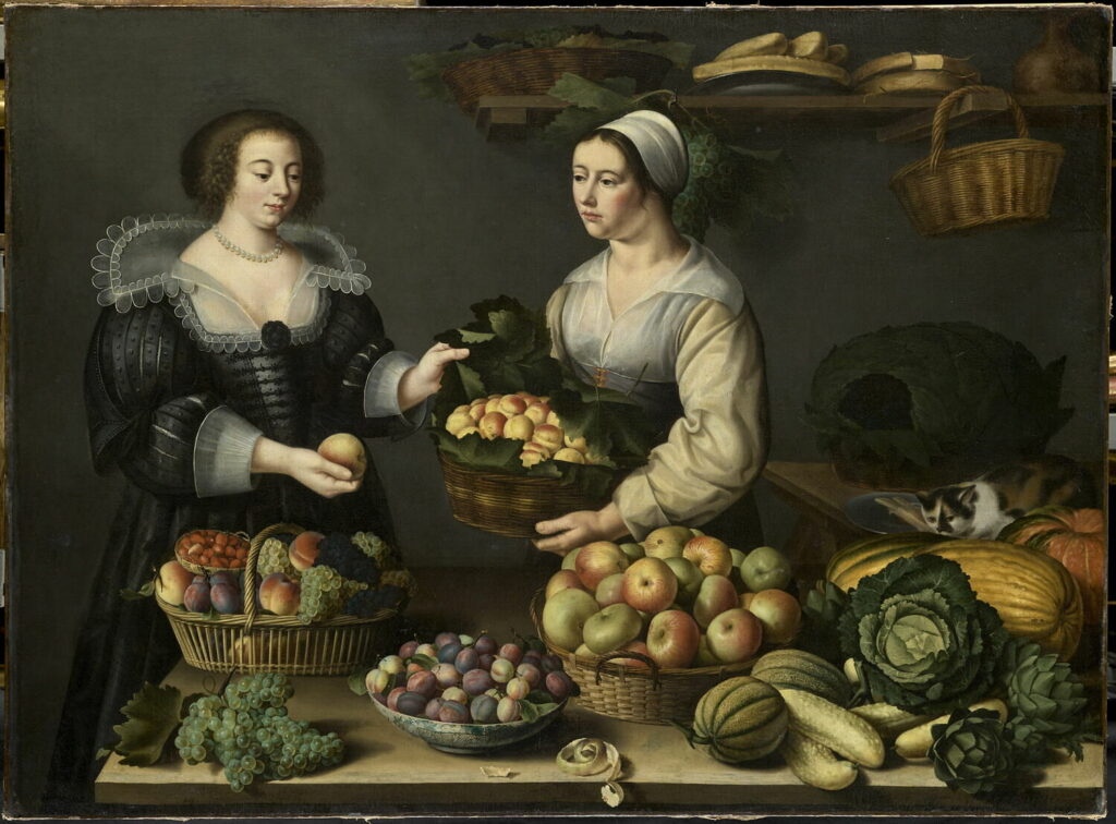 This genre scene depicts two women, one in a black dress with a lace collar and the other dressed in a more humble looking white dress with a white cap. The woman in white holds a basket full of apricots; the woman in black has one hand on the basket cover and in the other hefts one of the fruits. The wooden table in front of them is full of produce - baskets and bowls of fruit, and loose melons, squash, artichokes and cabbage. A wooden shelf above the head of the woman in white holds boxes and baskets.