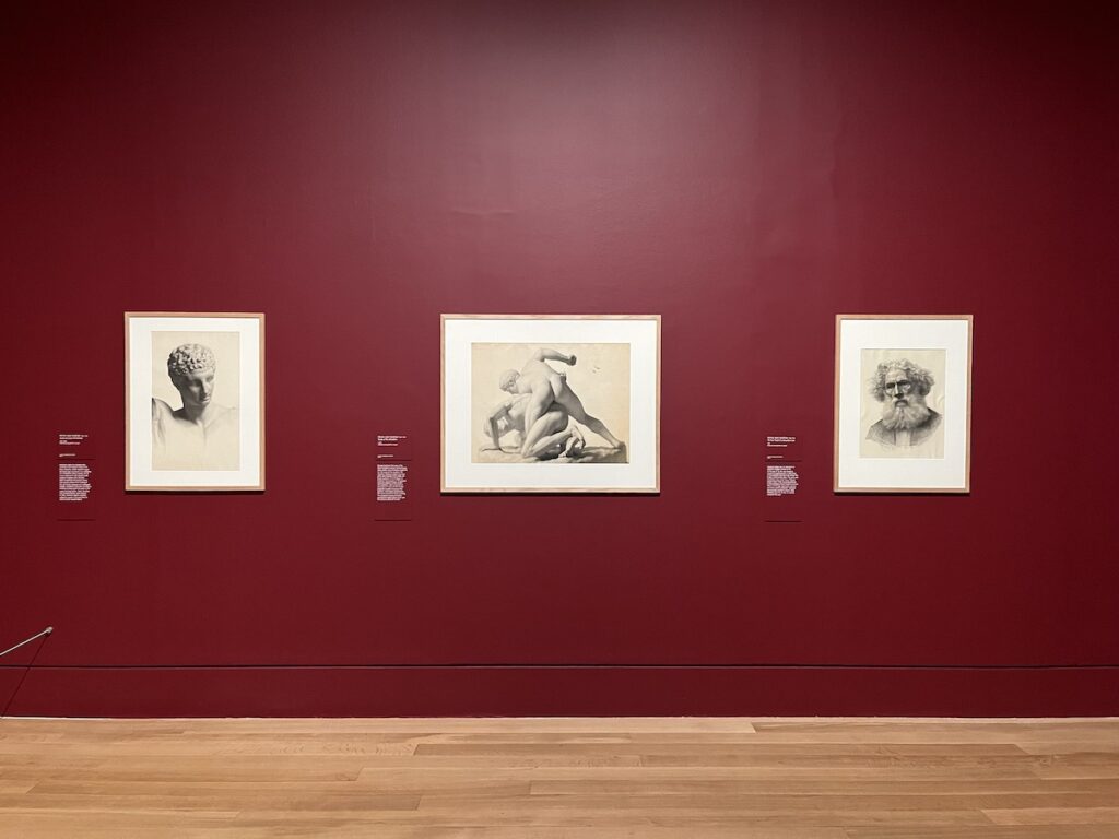 Installation view of three charcoal drawings on a wall painted dark red. The subjects are the head of a classical statue; two naked men wrestling; and a bust portrait of a white-haired white man with a busy white beard.