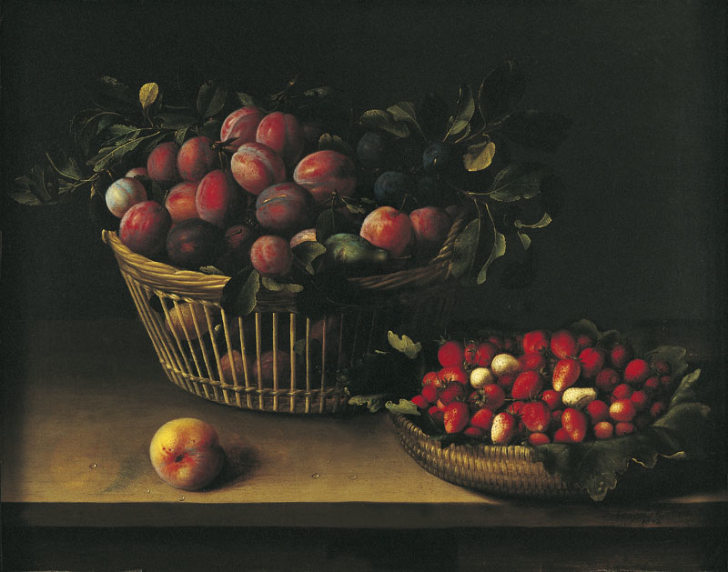 This still life depicts a tan wicker basket with open vertical slats; it sits on a tabletop and contains dozens of plums. In front of it is a yellowish fruit, maybe a peach. To the right is a much lower wicker basket with no openwork, containing dozens of strawberries sitting on green leaves.