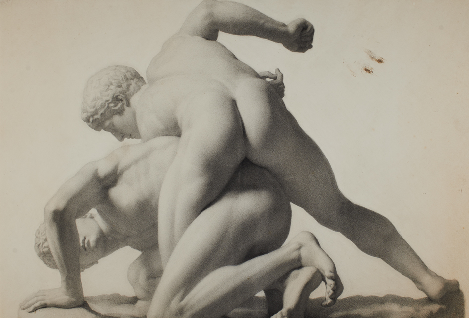 A drawing of two naked men wrestling.