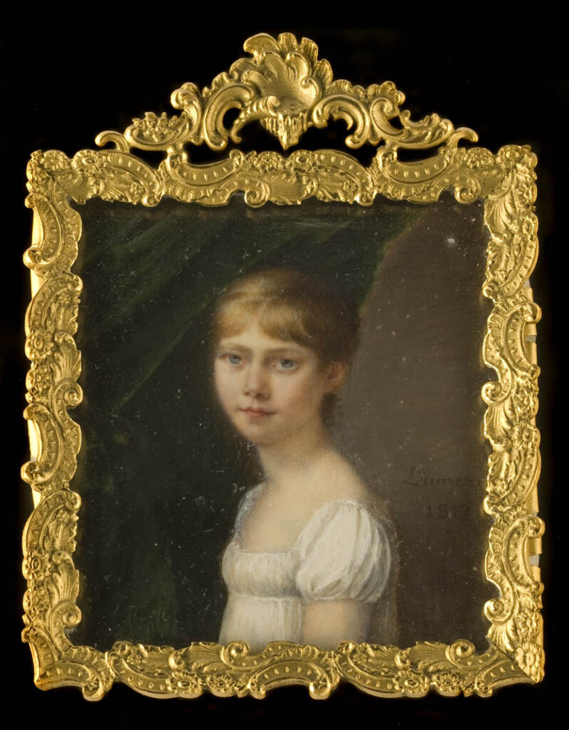A miniature painting in gouache and watercolor on ivory of young blond woman in a short-sleeved white shift looking to her left with a dark green curtain behind; the work is surrounded by an ornate gold frame.