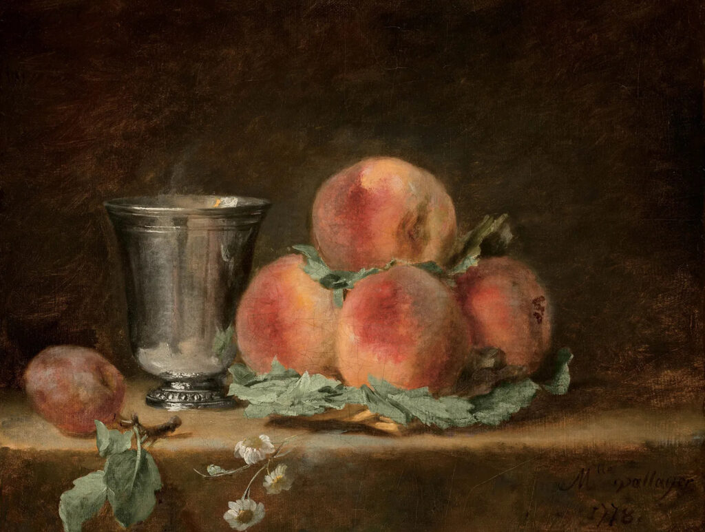 Still life painting by Anne Vallayer-Coster from the women artists show, featuring  a silver goblet on the left and a peach sitting on top of three other peaches, cushioned by green leaves