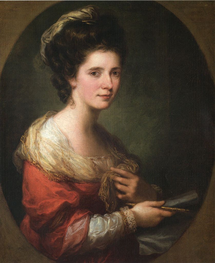 A self-portrait of the artist in a white underdress with a red overdress, holding a stylus or crayon and a book or canvas in her right hand, clutching a collar end with her left. Her body faces to the viewer's right but her head is turned to gaze at the viewer.