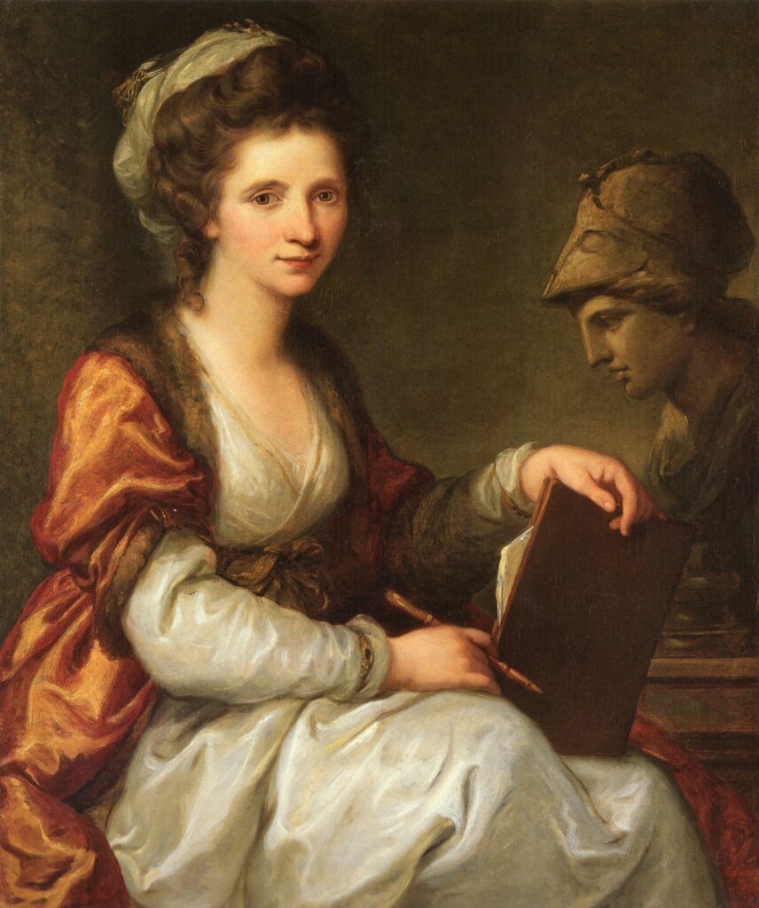A self-portrait in a white underdress with a reddish overdress trimmed in brown. In her right hand she holds a porte-crayon; a portfolio stands on her left knee, and her left hand rests on top of the portfolio. Her body is slightly turned to the viewer's right, but she looks directly out of the picture. There is a bust of Minerva sitting on a table opposite the artist, facing her, against a brown back wall.