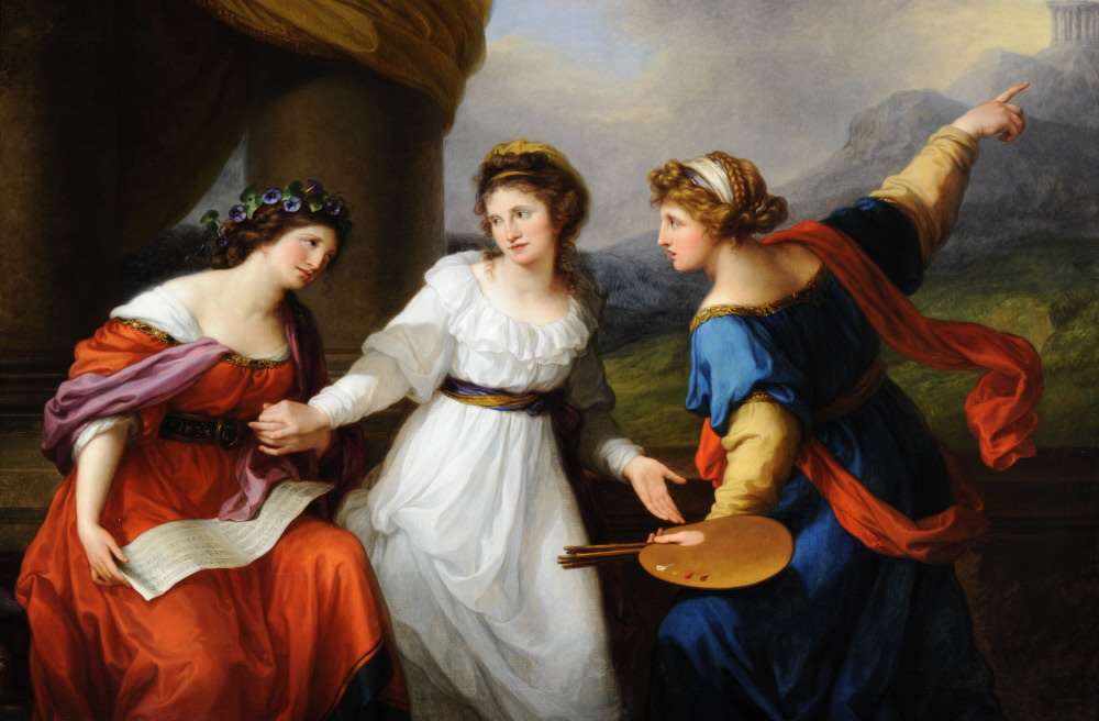Angelica Kauffman again portrays herself in a white dress; she stands between the allegorical female figures of Music and Painting. The artist holds the hand of Music with her right, but gestures with her right hand to Painting, indicating her choice. Holding a palette and brushes in her left hand, the figure of Painting in a blue dress determinedly points to a temple in the distance. 