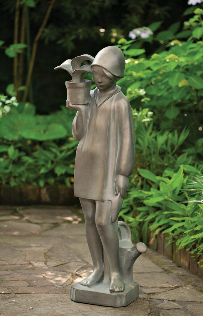 Photo of a bronze statue of a young person holding a potted plant in palm of his or her right hand. The left arm hangs at the child's side; there's a small spade in the left hand. Behind the child's calf sits a watering can.