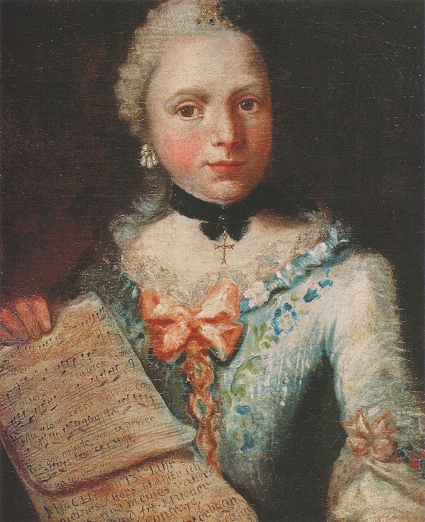 A portrait by Angelica Kauffman of herself as a young woman, wearing a blue dress with a red ribbon at the center, and a black or dark blue choker from which hangs a cross. She holds a sheet of music that crosses from her right hand, across her body to the bottom of the painting.