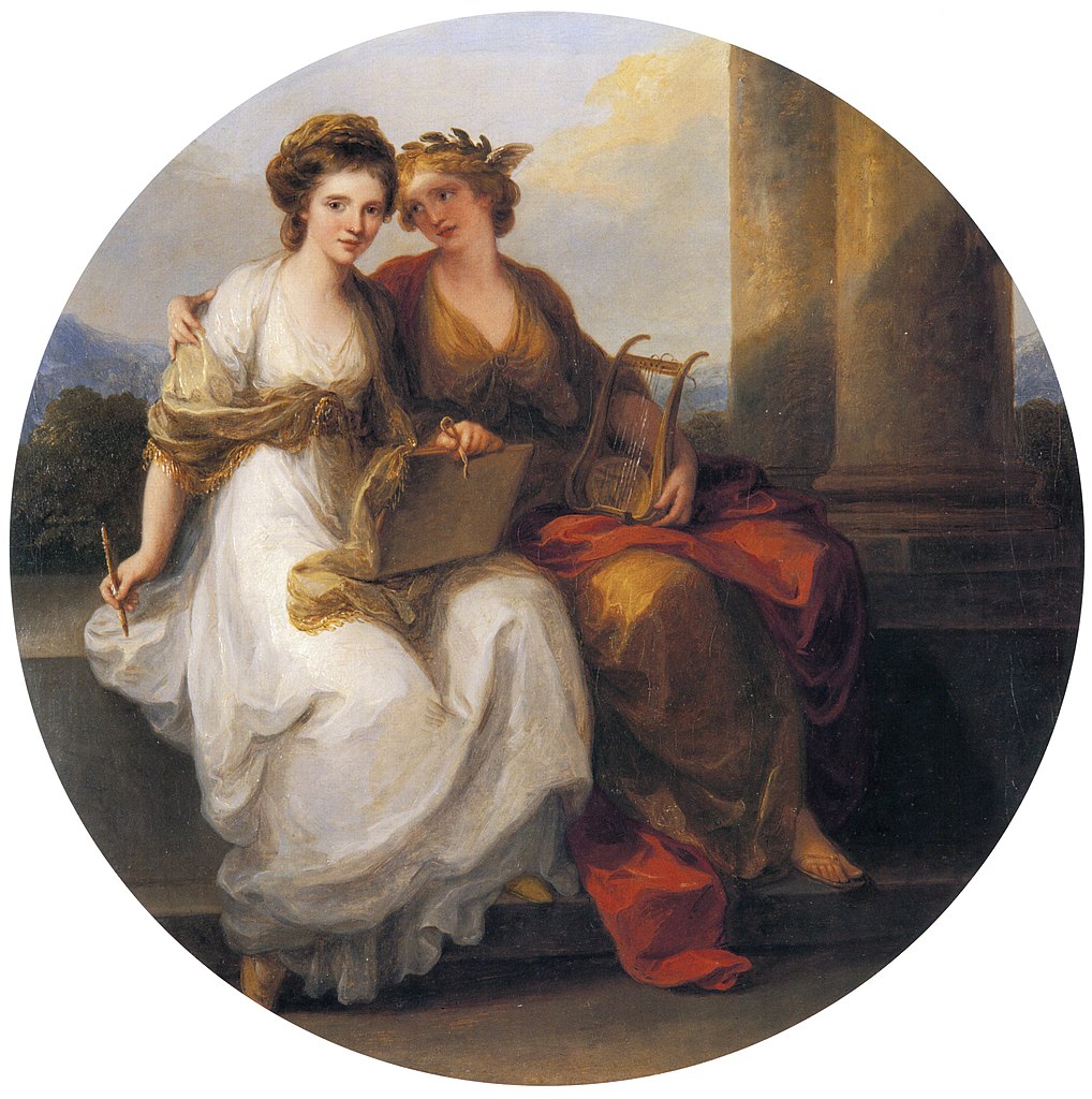 The artist once again depicts herself in neoclassical white dress, with a porte-crayon in her right hand; her left hand rests on a portfolio that sits on her left knee. Next to her in red and gold, holding a musical instrument, is the allegorical (female) figure of Poetry.