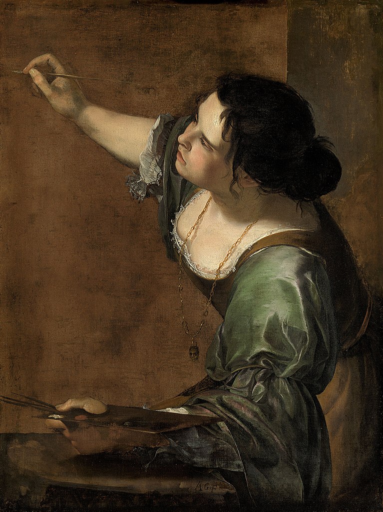 In this self-portrait, dark-haired Artemisia wears a green dress. She holds a brush in her right hand and a palette in her left, identifying herself as the female personification of painting. She leans forward so that her chain necklace hangs out over her bodice. Her painting hand is lifted to paint a surface that it at her head level or maybe a little higher.