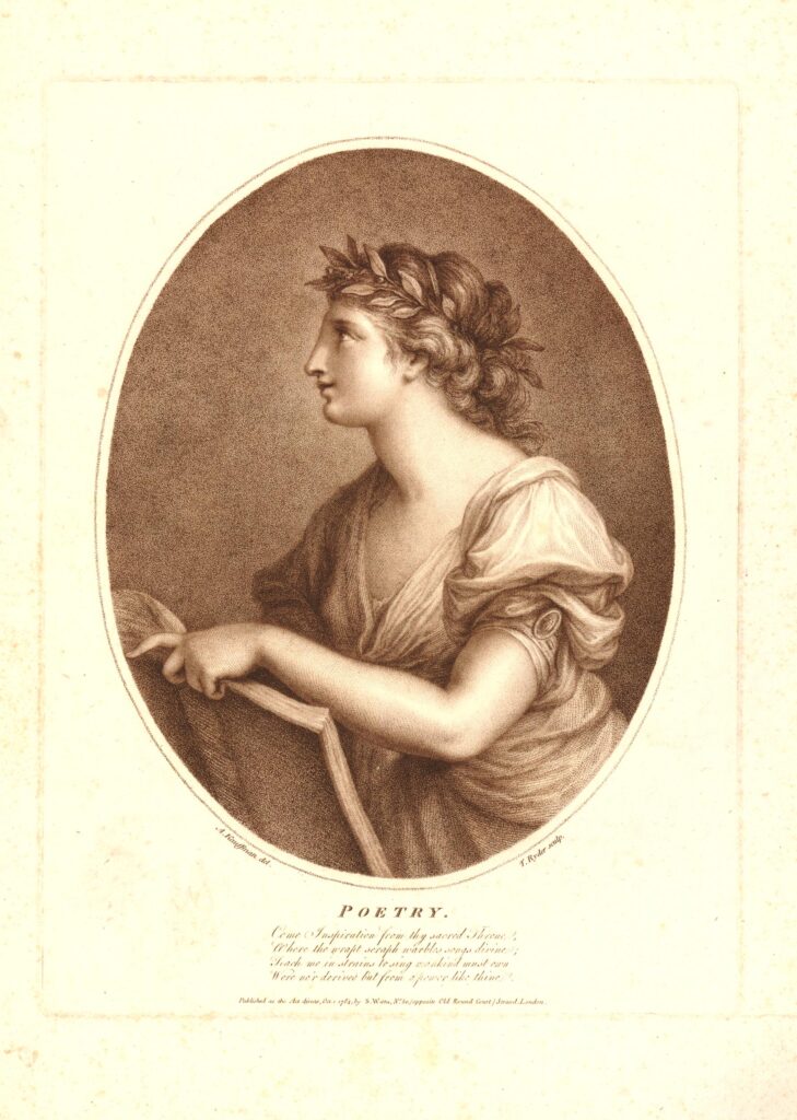 A print with a sepia-toned allegorical female figure of poetry contained within an oval. The page around this oval is light yellow; it identifies the figure as "Poetry" and spells out the lines of poetry quoted in this article.
