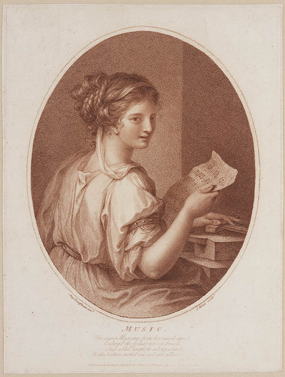 A print with a sepia-toned allegorical female figure contained within an oval. She holds a sheet of music in her right hand. The page around this oval is buff or light brown; it identifies the figure as "Music" and spells out some lines that the author of this article hasn't yet deciphered.