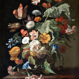 A gloriously colorful still life painting of flowers in a vase on a ledge