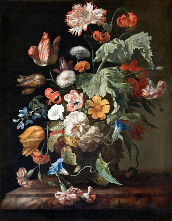 A gloriously colorful still life painting of flowers in a vase on a ledge