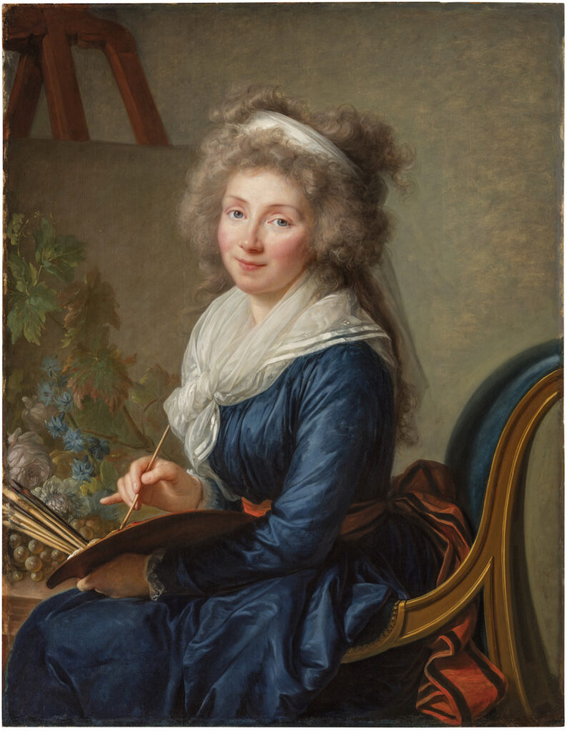 A three-quarter length of a woman wearing a blue gown with a gauzy white neckerchief, seated, cradling her palette in her left arm and holding a paintbrush in her right hand.