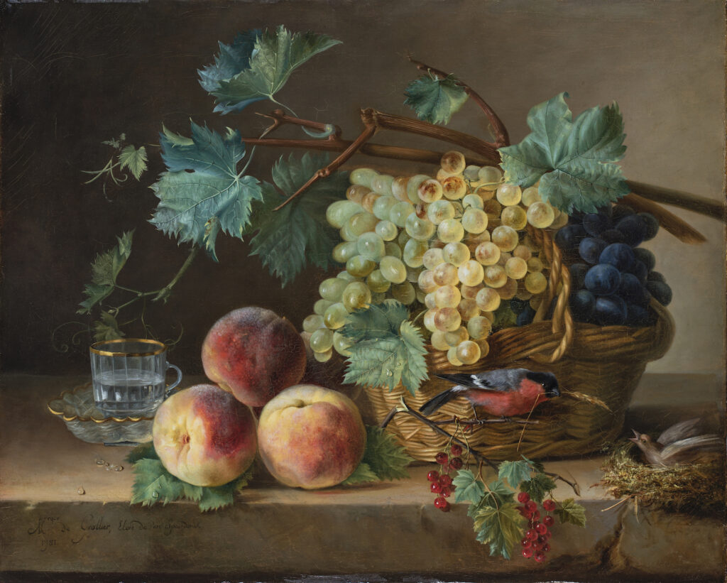 This still life oil painting depicts a gold-edged glass cup and a pile of three peaches sitting on a stone ledge next to a wicker basket full of grapes (green and black). In front of the basket, a red-breasted bird stands on a branch of red berries, about to feed an ear of wheat to a nestling in a mossy nest at the far right edge of the painting.