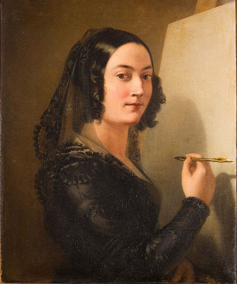 A self portrait of a dark haired, dark eyed woman in a black dress and black veil, standing at an easel. She turns slightly to her right to gaze back at the view. Her right arm is bent; in her uplifted right hand she holds a stylus.