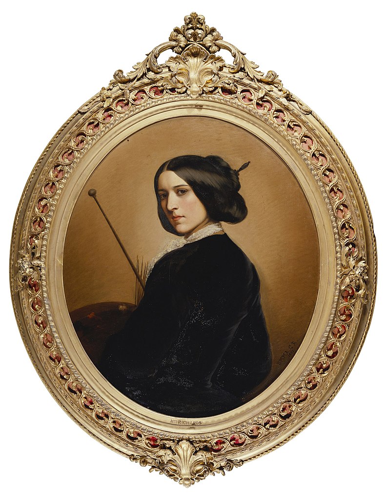 A self portrait of a dark-haired, dark eyed woman in black garb with a slender white neck scarf, with a palette slightly in front of her to the left, and a mahlstick angling down between the palette and her face, which is turned over her left shoulder to gaze back at the viewer.