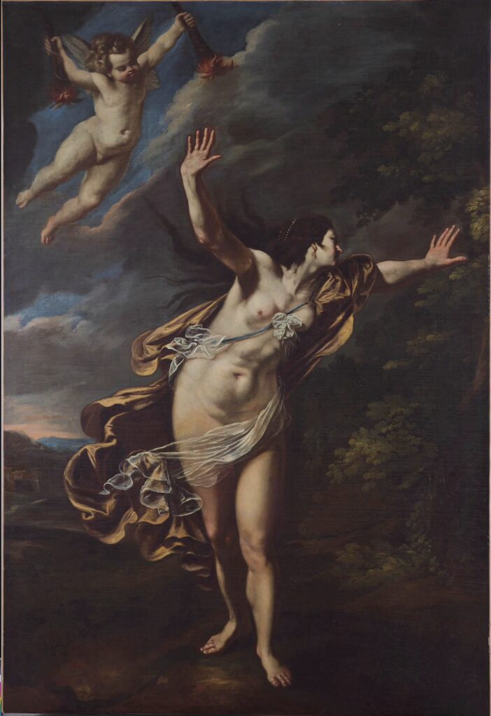 A photo of an unframed painting depicting a nude woman with a cloak billowing out from her left shoulder. She holds her hands up and out to the sides. Her long dark hair billows behind her. Above her head, tot he viewer's left, is a cherub.