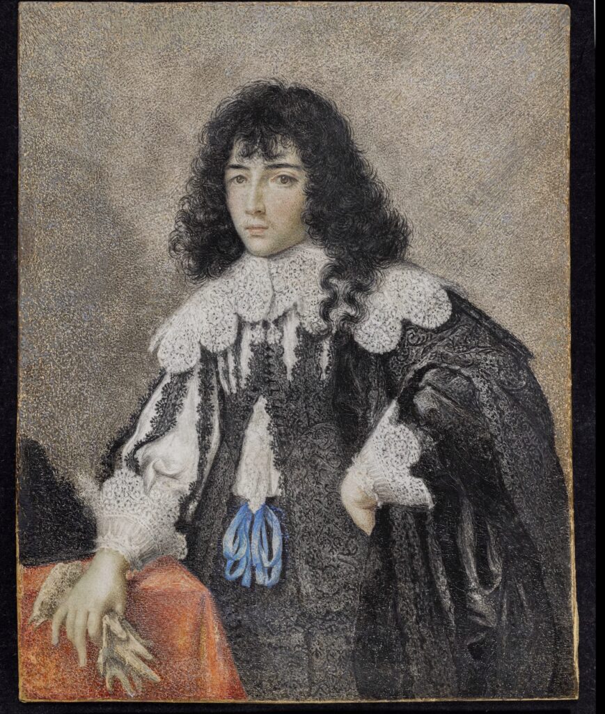 A miniature depicting a young man in  Renaissance attire with curly dark hair, standing by a table. His left arm is bent, with the hand in a pocket; in his right hand, he holds a pair of gloves.