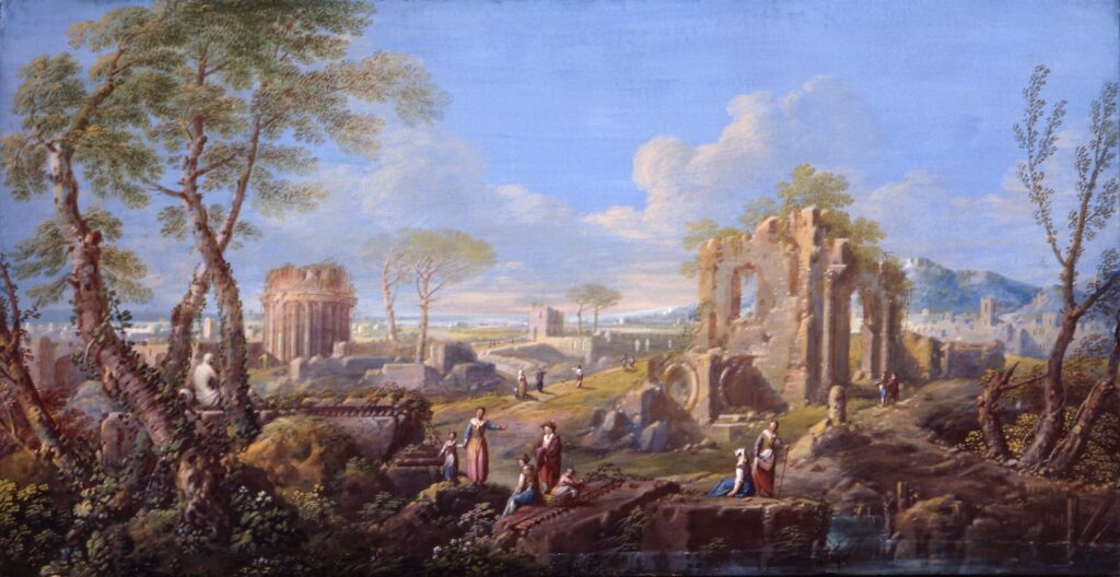 A painting depicting a landscape with ruins in the background, and small human figures sitting or standing on the foreground.